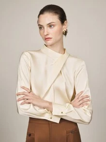 BizChic Women's Elegant Asymmetrical Design Collar Long Sleeve Blouse, Office Commute Wear - Apricot - View 2