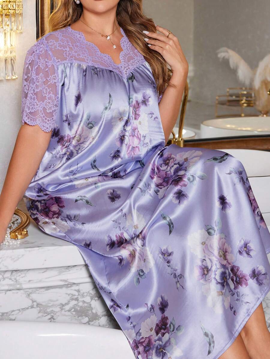 LuxeNights Plus Size Semi-Sheer Lace Contrast Long Faux Silk Printed ...