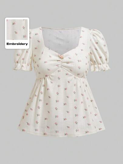 Kawaii Damen Himekaji Babydoll T-Shirt mit Puffärmeln, mit texturiertem bedrucktem Stoff und Blumenmuster, geeignet für die Schule