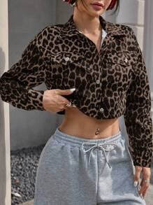 Chaqueta casual con estampado de leopardo de manga larga y corta para mujeres en primavera y otoño - Caqui - Ver 5