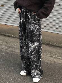 FRIFUL Pantalones casuales para mujer con bolsillo de cordón y estampado completo