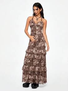 ROMWE Hippie Women's Bohemian Style Maxi Length Halter Neck Dress, Vacation