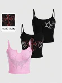 ROMWE Grunge Punk 3pcs/Set Star, Cross, Heart Design Rhinestone Detail Cami Tops Set, School - Multicolor - View 1
