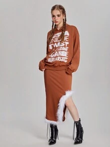 SHEIN Conjunto de 2 piezas para adolescentes: Sudadera ancha con estampado de eslogan y hombros caídos, talla grande falda alta midi con panel esponjoso - Óxido marrón - Ver 6