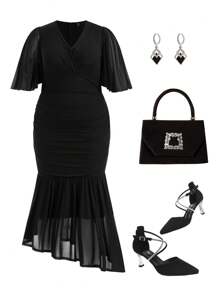 Modelyn Đầm dạ hội dài tay ngắn lưới cổ chữ V màu đen trơn cỡ lớn - màu đen - Xem 1