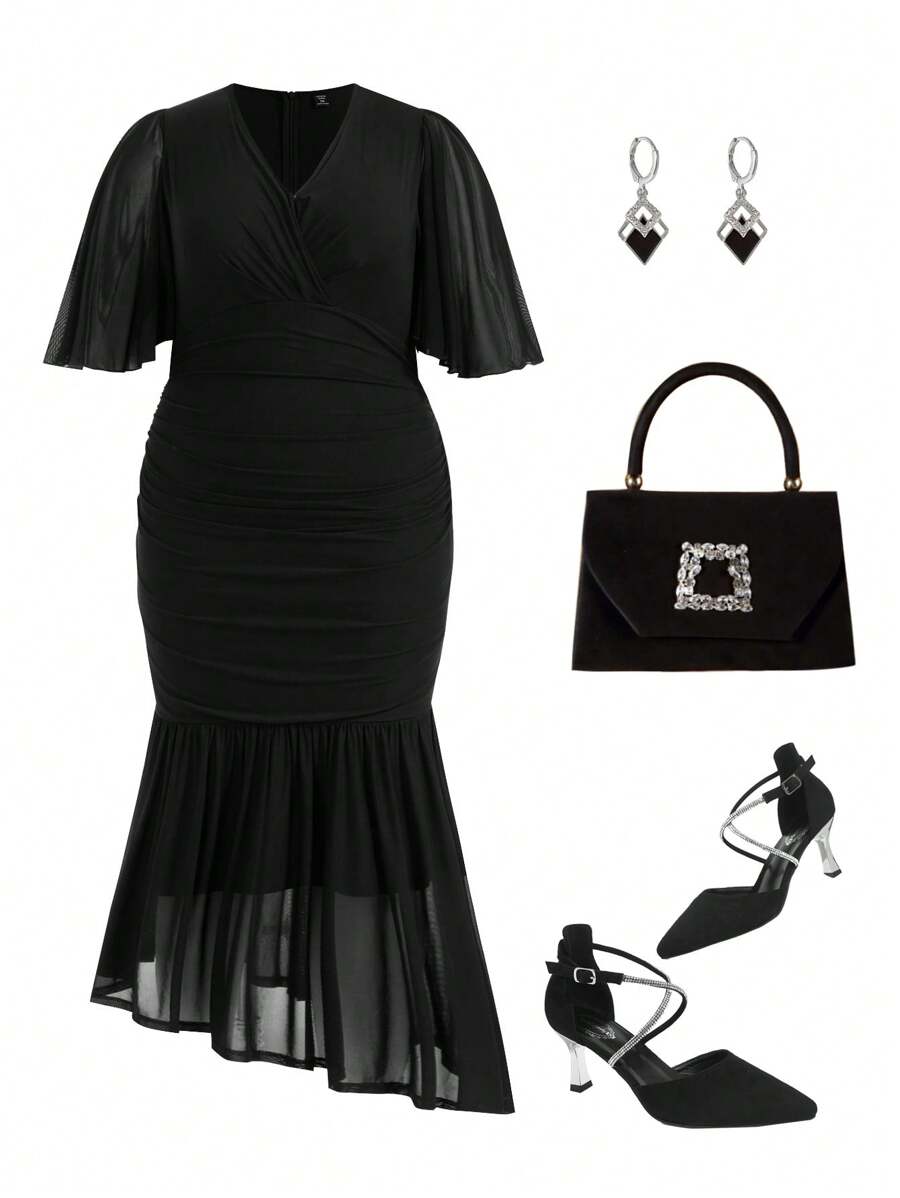 Modelyn Đầm dạ hội dài tay ngắn lưới cổ chữ V màu đen trơn cỡ lớn - màu đen - Xem 1