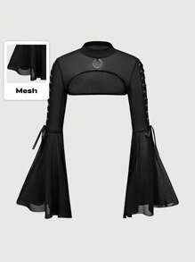 ROMWE Goth Blusa de malla para mujer con cordón en la cintura y mangas acampanadas con agujeros para mirar - Negro - Ver 1