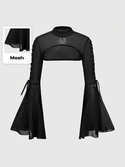 Goth Top da donna con scollo a rete con coulisse e maniche a svaso