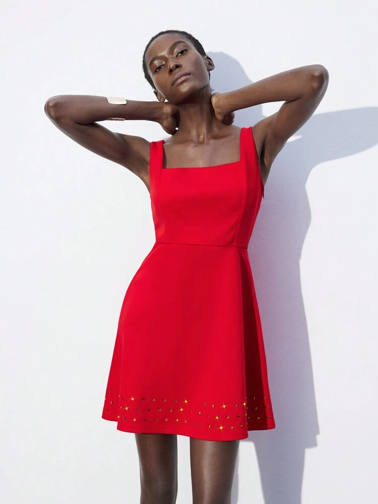 SHEIN Maija Elegantes Damenkleid in Rot mit Juwelen-Dekor, quadratischer Ausschnitt, ärmellos, modisch & chic, geeignet für Valentinstag