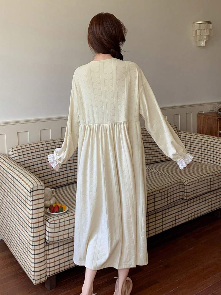 Textured Fabric Trim Tulip Print Pocket Loose Nightgown Pajama