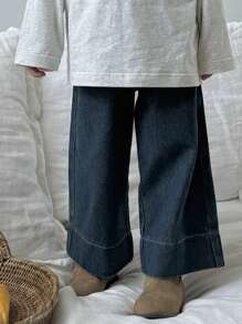 年轻女孩松紧腰口袋阔腿宽松休闲牛仔裤 - 藍色 - 查看 7