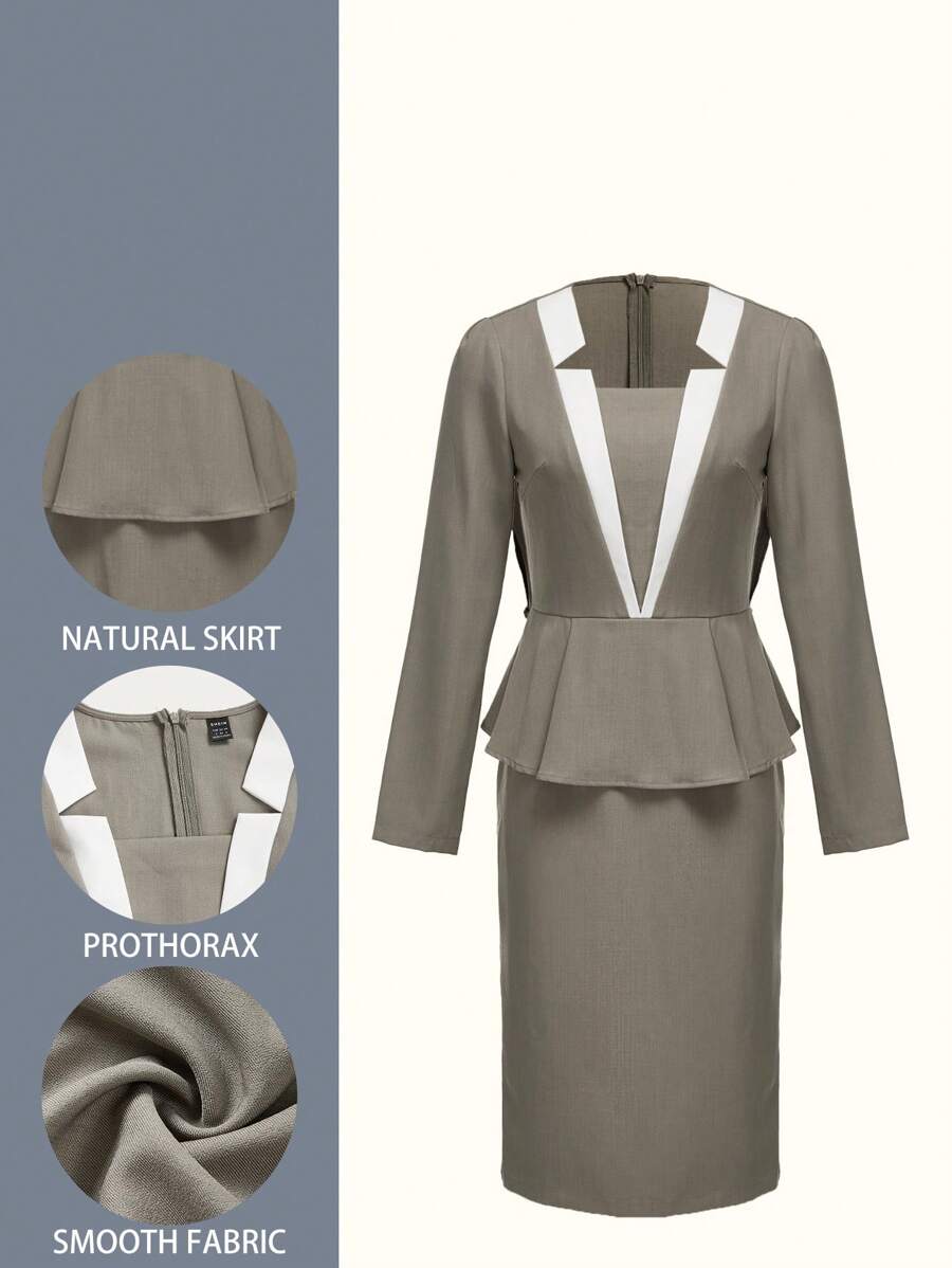 TaskEZ Women's Contrast Panel Cinched Waist Office Dress - Green - View 1