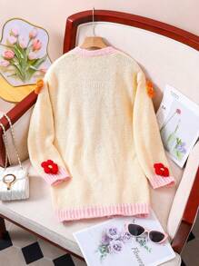 SHEIN Áo len cardigan dệt kim họa tiết hoa thủ công cho bé gái tuổi mới lớn, Thu/Đông - Màu vàng - Xem 2