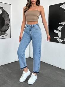 EURMUSE Solid Color High Waist Casual Mom Fit Vintage Style Jeans With Pockets - Medium Wash - View 1