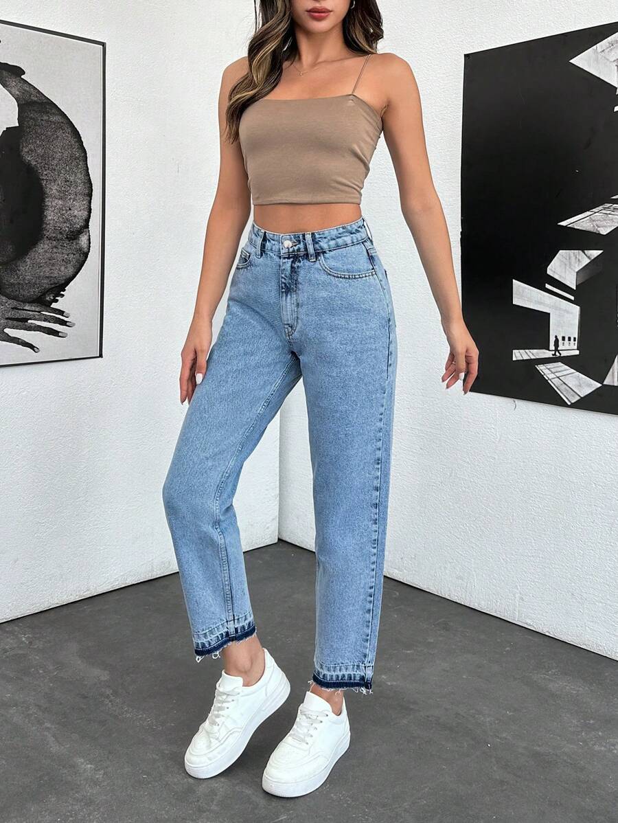 EURMUSE Solid Color High Waist Casual Mom Fit Vintage Style Jeans With Pockets - Medium Wash - View 1