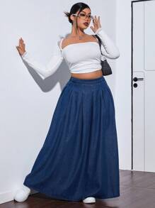 SHEIN ICON Falda de mezclilla plisada de moda informal de talla grande para verano y otoño