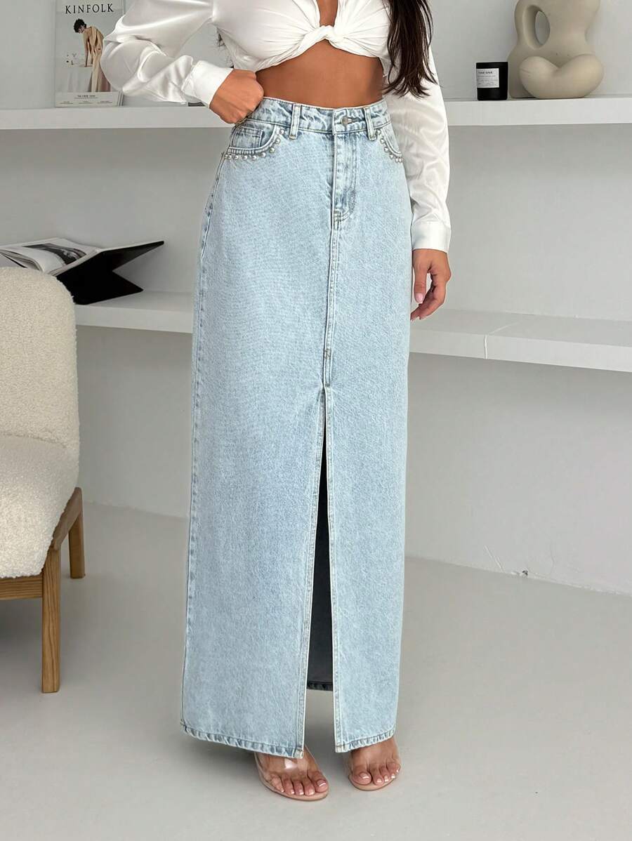 EURMUSE WOMEN DENIM MAXI SKIRT SLAH AND STUD DETAIL