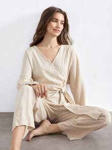 Ocili 女士纯色长袖裹身连体裤休闲服 - 卡其色 - 查看 6