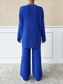 SHEIN Cottnline Drop Shoulder Split Hem Sweater & Knit Pants - Royal Blue - View 2
