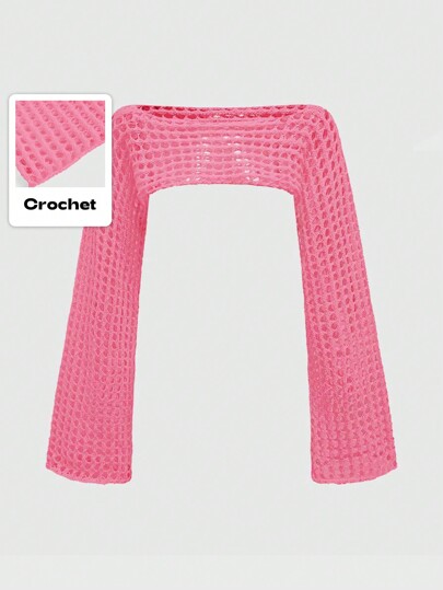 Summer Crochet Pink Hollow-Out Crop Cropped Boat Neck Sweater Pullover Top
