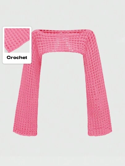 Summer Crochet Pink Hollow-Out Crop Cropped Boat Neck Sweater Pullover Top
