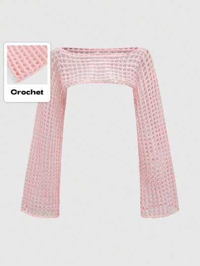 Kawaii Sudadera rosa de punto de ganchillo con hombros descubiertos y corte ultra corto