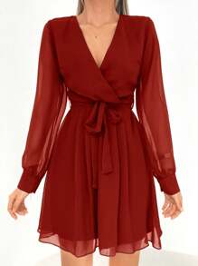 Cloudara Women's Long Sleeve Wrap Design Mesh Dress - Red - View 4