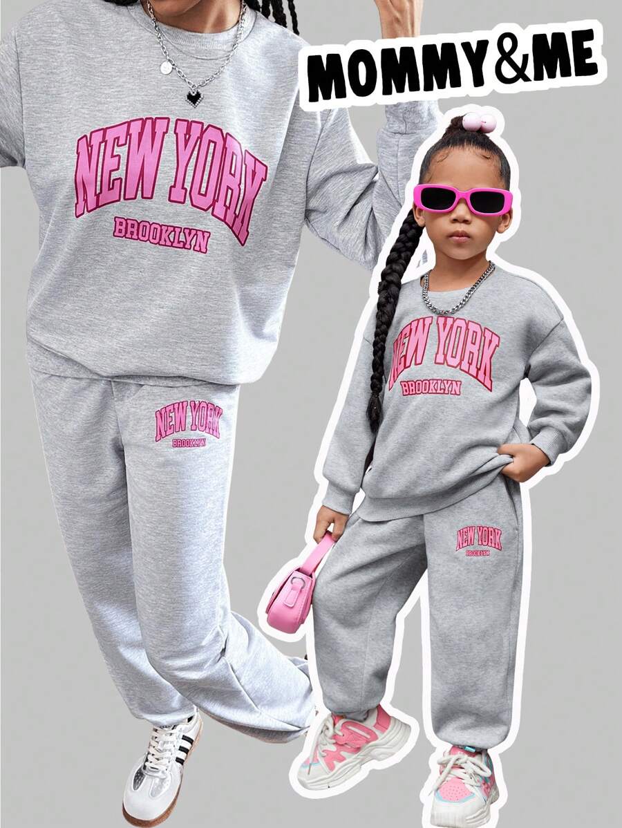 SHEIN NovaGlow 年轻女孩年轻女孩 2 件装妈妈和我针织纯色字母印花圆领宽松羊毛休闲运动衫和针织宽松抽绳裤套装