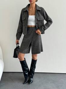 SHEIN Tall Women's Flap Detail Crop Jacket & Wrap Skort - Multicolor - View 3