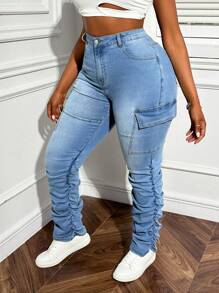 SHEIN SXY Plus Size Women's Elastic Waist Thermal Jeans With Design Details, Ankle Length Pants Thickened Denim, For Winter