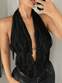 SHEIN ICON 女式修身仿旧面料吊带背心金属链装饰露背上衣