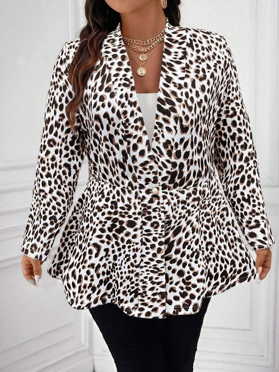 Calvaya Plus Size Casual Leopard Print Single Button Jacket, Autumn Fall Cloth For Women - Multicolor - View 1