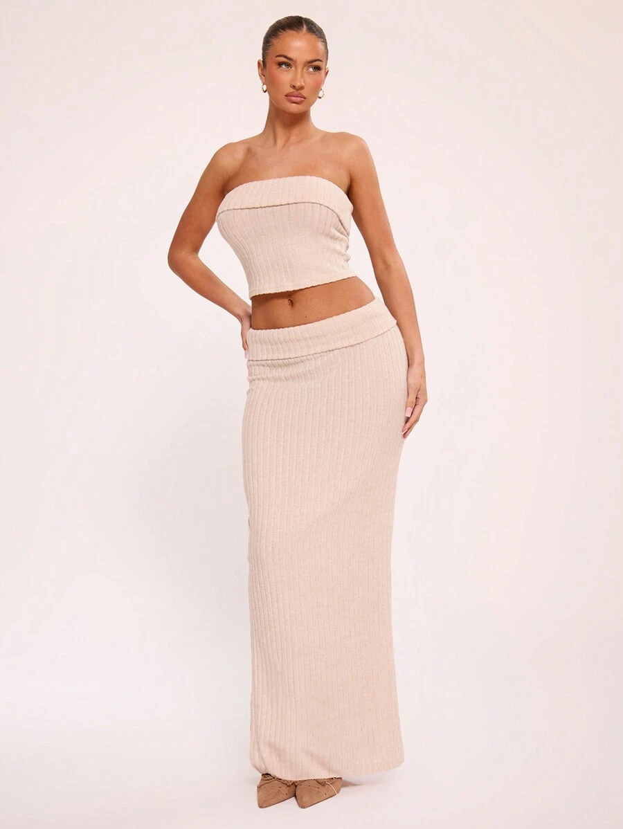 MUSERA Knit Ribbed Fold Over Maxi Skirt Elegant Summer Sexy  Party - Apricot - View 1