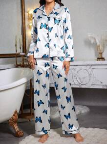 LuxeNights Faux Silk Butterfly Print Lapel Collar Long Sleeve Pajama Set Bridal-Lingerie, Fall Winter Clothes Cozy And Elegant Details - White - View 3