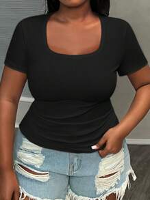 Slaydiva Plus Size Simple Casual Scoop Neck Short Sleeve Gathered Waist White Summer T-Shirt - Black - View 6