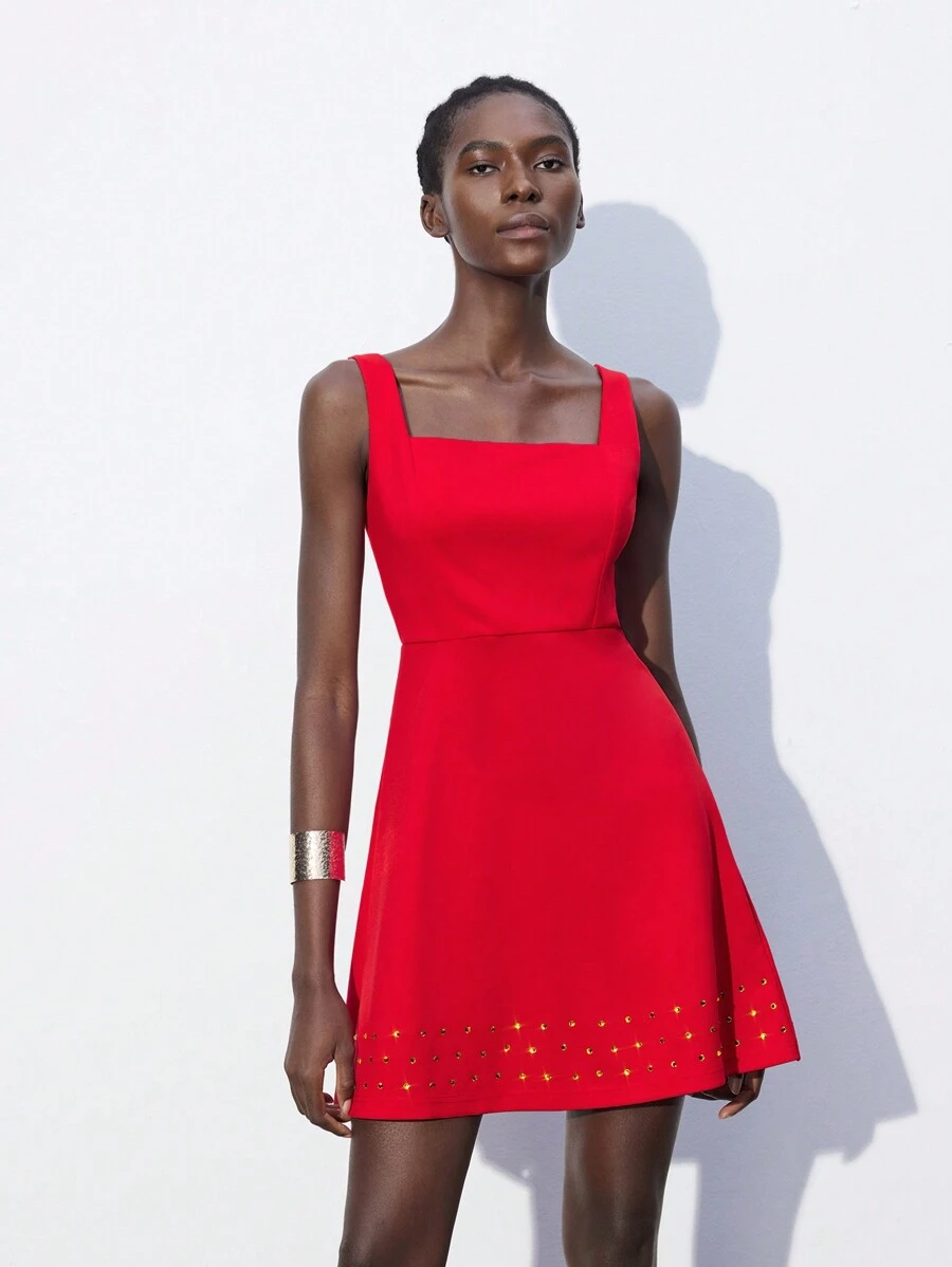 Maija Women's Red Elegant Jewel Decor Solid Color Square Neck Sleeveless Dress, Fashionable & Chic, Suitable For Valentine's Day - Red - View 1