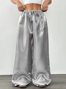 SHEIN EZwear 女士时尚闪亮垂坠宽松休闲阔腿银色裤子 - 銀色 - 查看 5