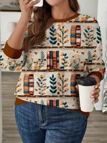 SHEIN LUNE Sudadera holgada con estampado completo sencillo y casual para mujer de talla grande, otoño e invierno