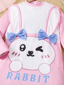 Tween Girls Cute Rabbit Printed Round Neck Long Sleeve Soft Nightgown Home Wear, Pink - Pink - View 3