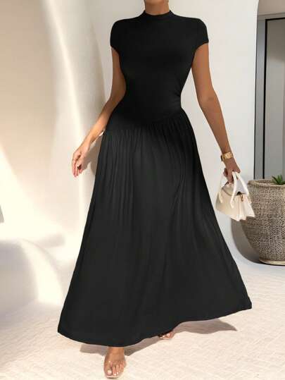 Firerie Elegant And Simple Daily Wear Asymmetrical A-Line Midi Dress With Stand Collar And Cinch Waist,Ladies Casual Pleated Sleeveless Stand Collar Slim Fit Long Black Batwing Sleeve Colorblock,Plain A Line Women Long Dresses,Spring/Summer,Casual Daily Wear,Summer Dresses For Women,Tea Party Dress