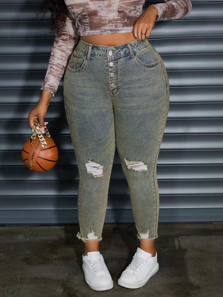 SHEIN Essnce Plus Size Autumn Casual Cat Whisker Distressed Skinny Jeans - Yellow - View 1