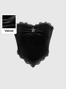 ROMWE Goth Velvet Splice Lace Flower Decoration Five Pointed Star Pendant Bandeau Top - Black - View 1