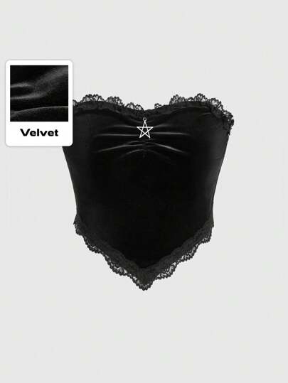 Goth Top Banda Tipo Bandeau De Empalme De Terciopelo Con Encaje Y Flor Decorativa De Cinco Puntas Con Colgante En Forma De Estrella
