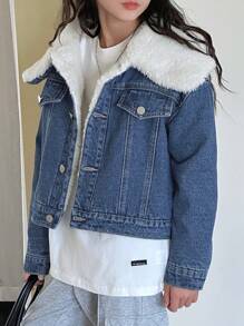 DAZY Tween Girls Contrast Color Fluffy Collar Long Sleeve Denim Jacket,Thermal Lined Fall,Winter - Blue - View 1