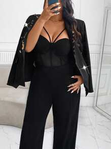 SHEIN Privé 加大码纯色网眼撞色镂空口袋无袖连体裤 - 黑色 - 查看 4