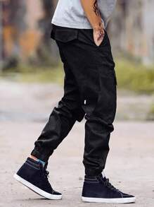 Manfinity Roughcore Loose Fit Men's Camo Print Flap Pocket Cargo Pants - Black - View 2