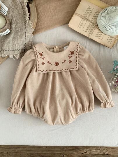 SHEIN LMoss Kids LMoss Baby Mädchen Neugeborene Baby Mädchen Vintage Cord bestickter Bodysuit mit Druckknöpfen, Herbst/Winter
