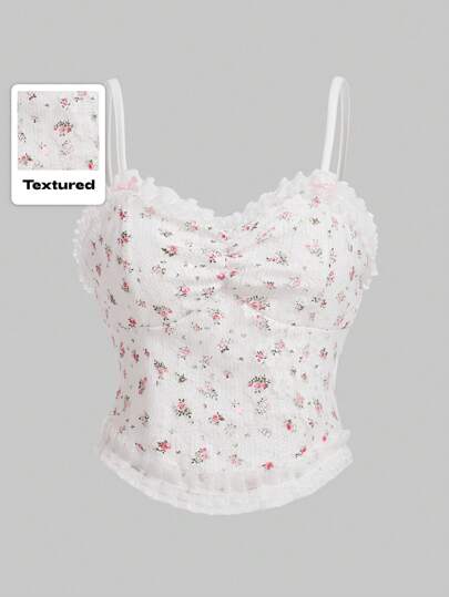 Kawaii Top de tirantes con volantes y estampado floral de tipo "Himekaji" para la escuela