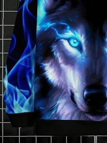 Tween Boy Cool Wolf Digital Printed Hooded Sweatshirt, Casual Street Style - Black - View 5