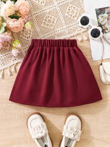 SHEIN Elladie kids 年轻女孩纯色褶皱简约 A 字裙，休闲日常穿着 - 酒紅色 - 查看 2